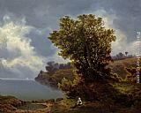 Figures Canvas Paintings - Two Figures Seated Under a Tree with Storm Approaching Beyond